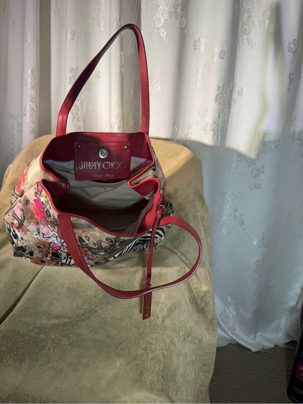 Jimmy Choo Floral Multicolor Tote with Red Handles - Picture 5 of 11